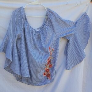 Roommates Striped Blouse with Floral Embroidery